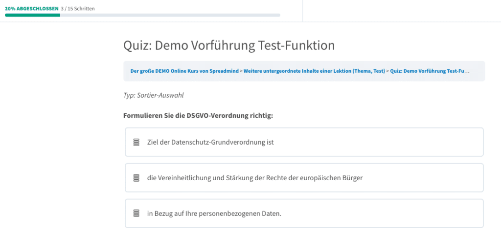 Lernfortschrittskontrolle-Sortierauswahl